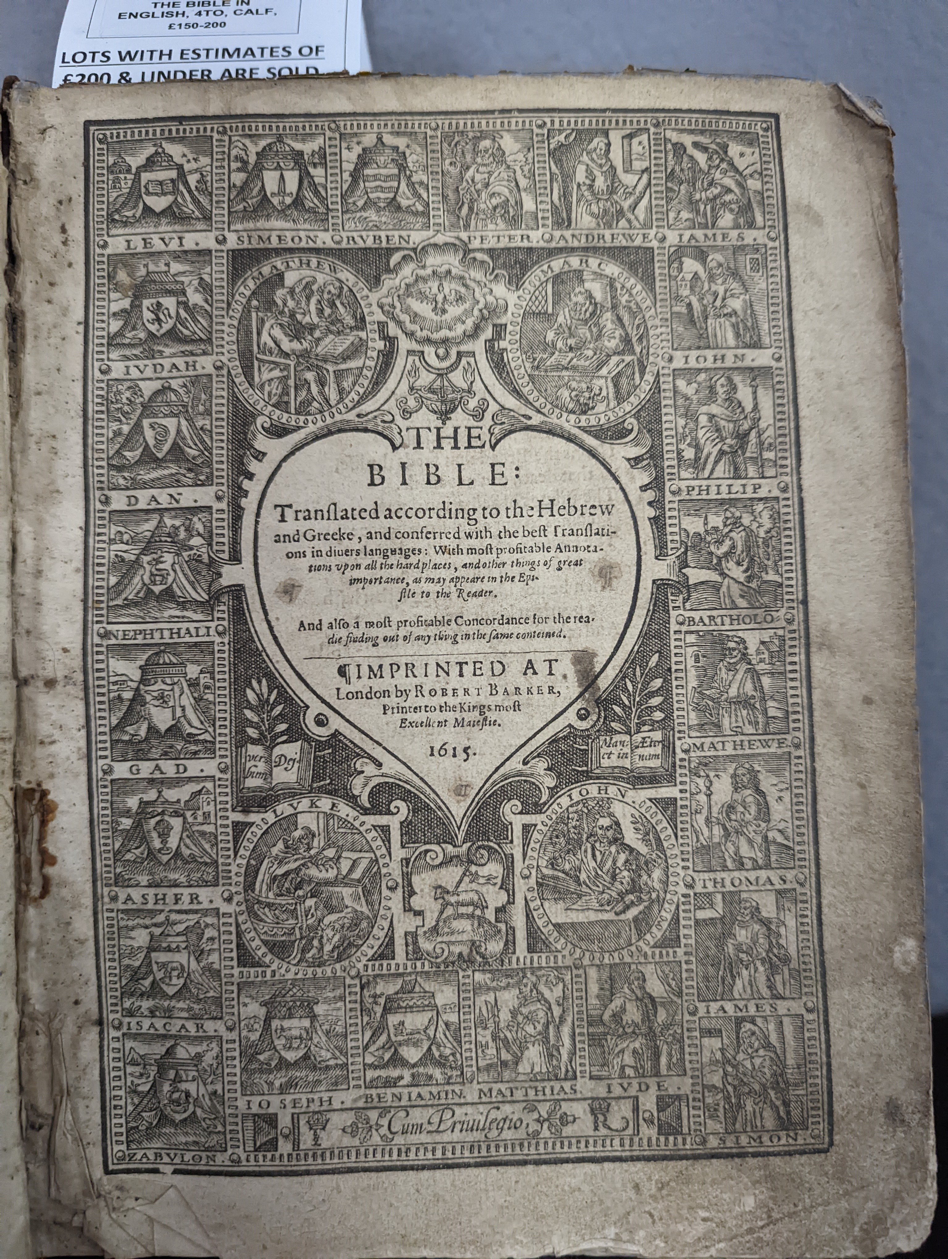 The Bible in English, 4to, calf, lacking first page of The Communion, bound with The Psalmes, The New Testament, The Whole Booke of Psalmes and Concordances (1613) half of p. 244 of Proverbs and of The Names and Order of